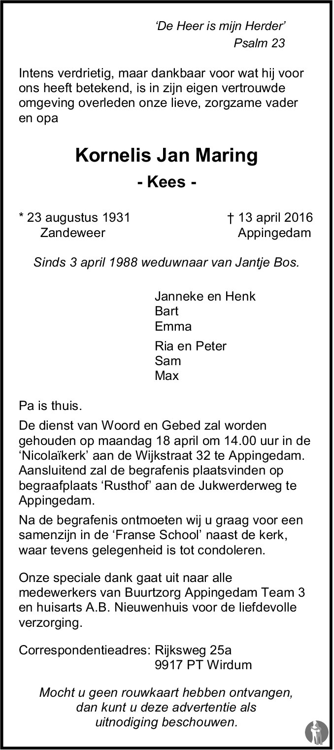 overlijdensadvertentie Kees Maring in 2016.